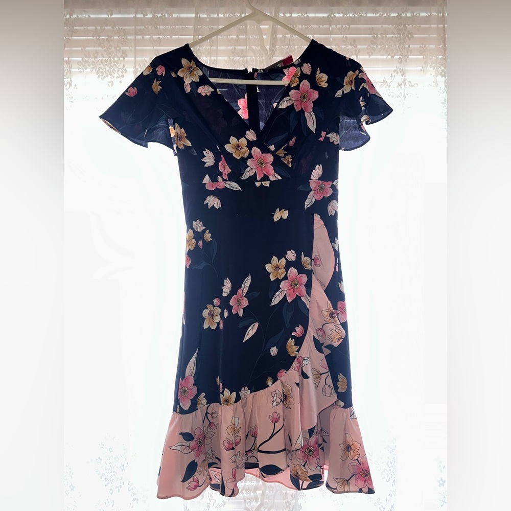 Vince Camuto Black and Pink Floral Asymmetrical Dress